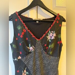 Vintage Black polka dot, cherry print mixed media/ patch dress. Size M